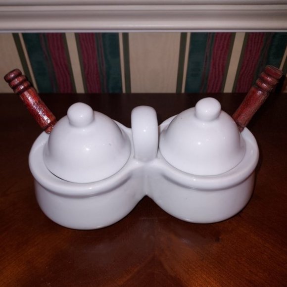 VINTAGE HH Houston Harvest White Porcelain Double Lidded Condiment Server - Picture 1 of 4